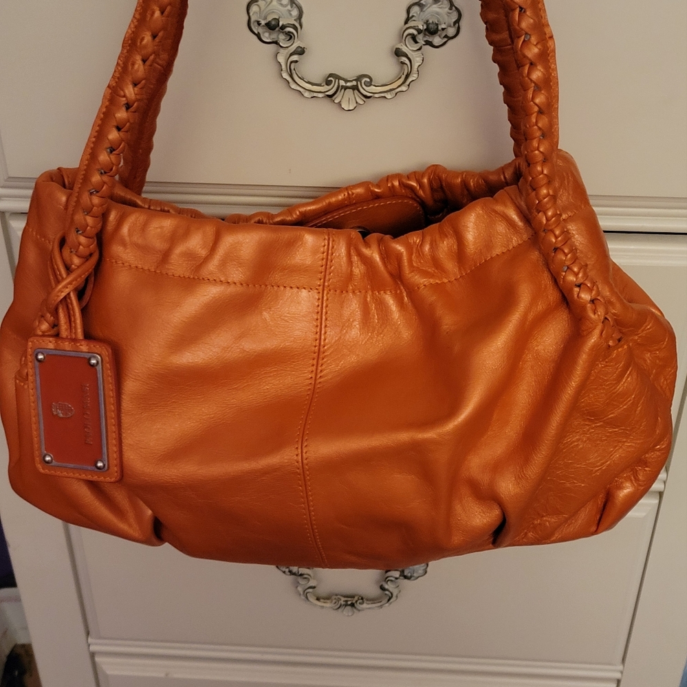 Paolo Masi Pearlized Shoulder Handbag Orange Lilium with Braided Handles